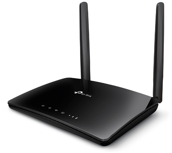 Black TP-Link router with two antennas. Has lights indicating power and activity. White background.