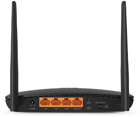 Black router with two antennas and ports at the rear.