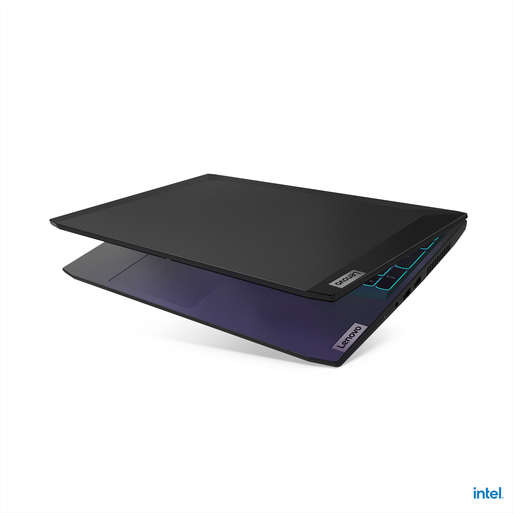Lenovo dizüstü bilgisayar, siyah üst ve mor klavye alanı. Intel logosu görünüyor.
