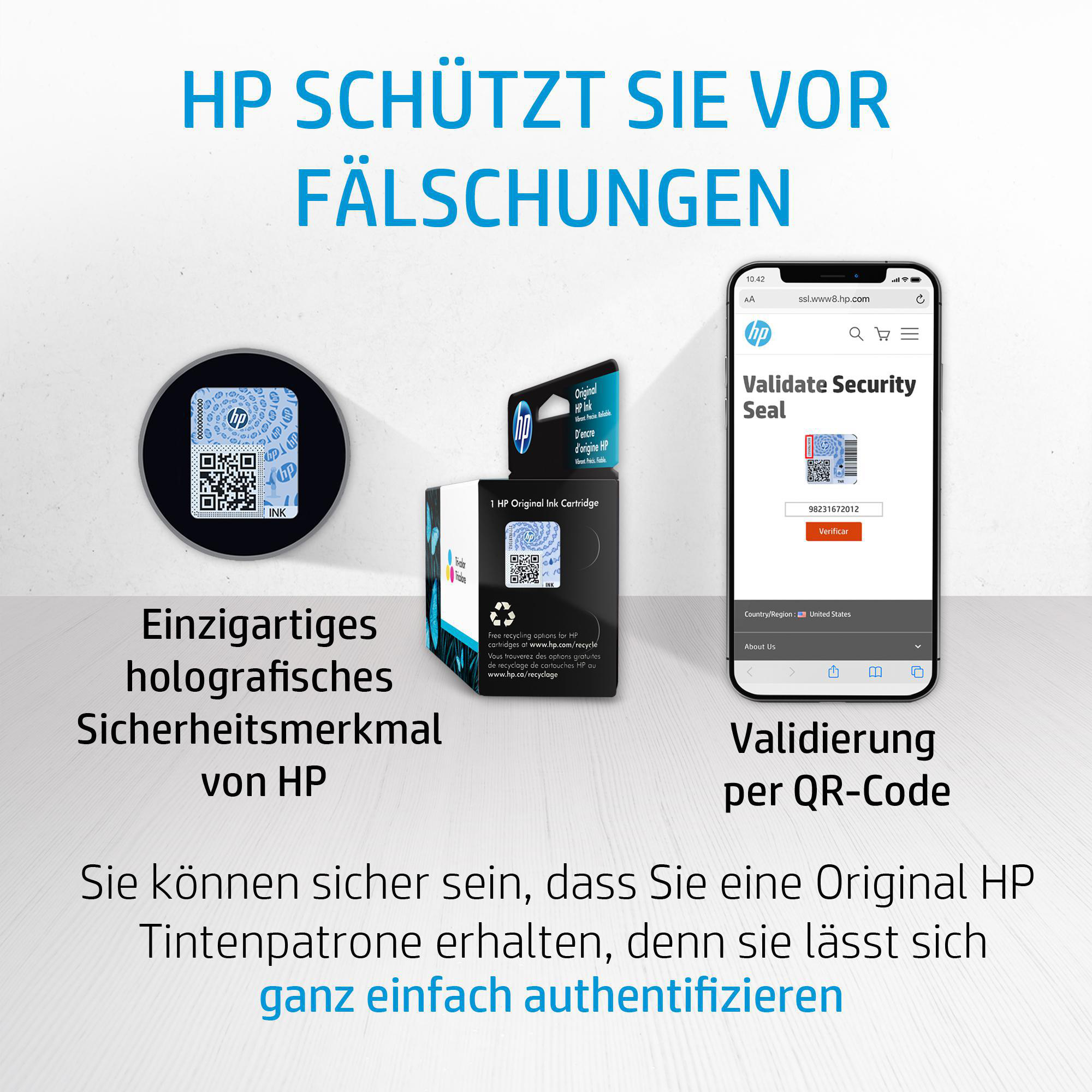 HP-Druckerpatronenverpackung mit QR-Code und Smartphone, das ein Validierungsergebnis anzeigt.