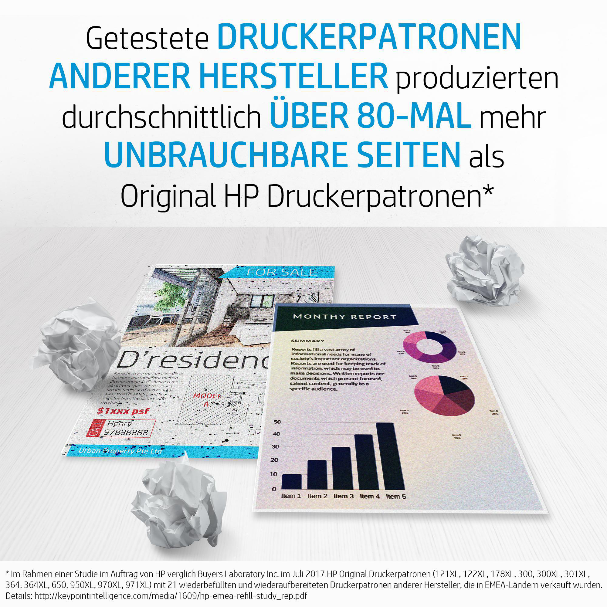 Dokumente, zerknittertes Papier und ein Kreisdiagramm. Text auf Deutsch über Druckerpatronen.