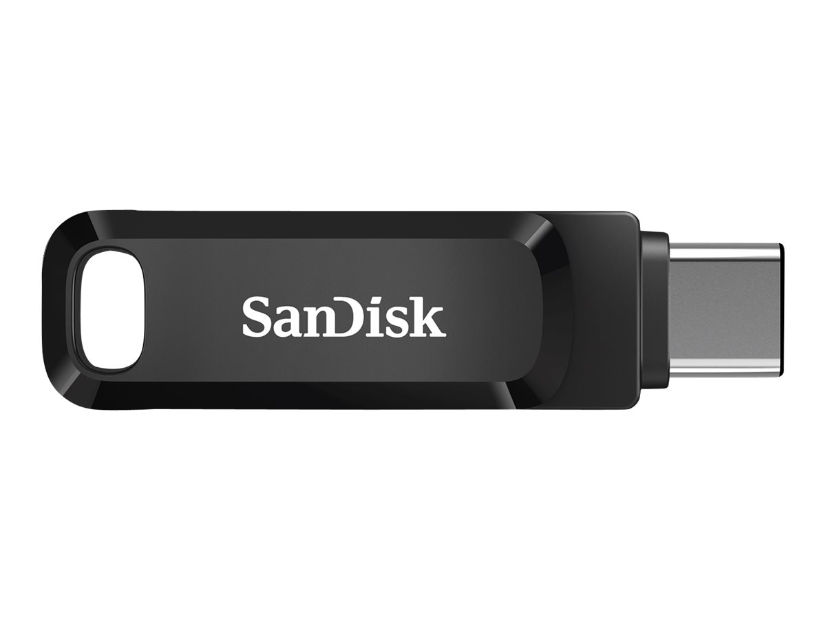 Schwarzer USB-C-Flash-Speicher mit "SanDisk"-Text auf weißem Hintergrund.