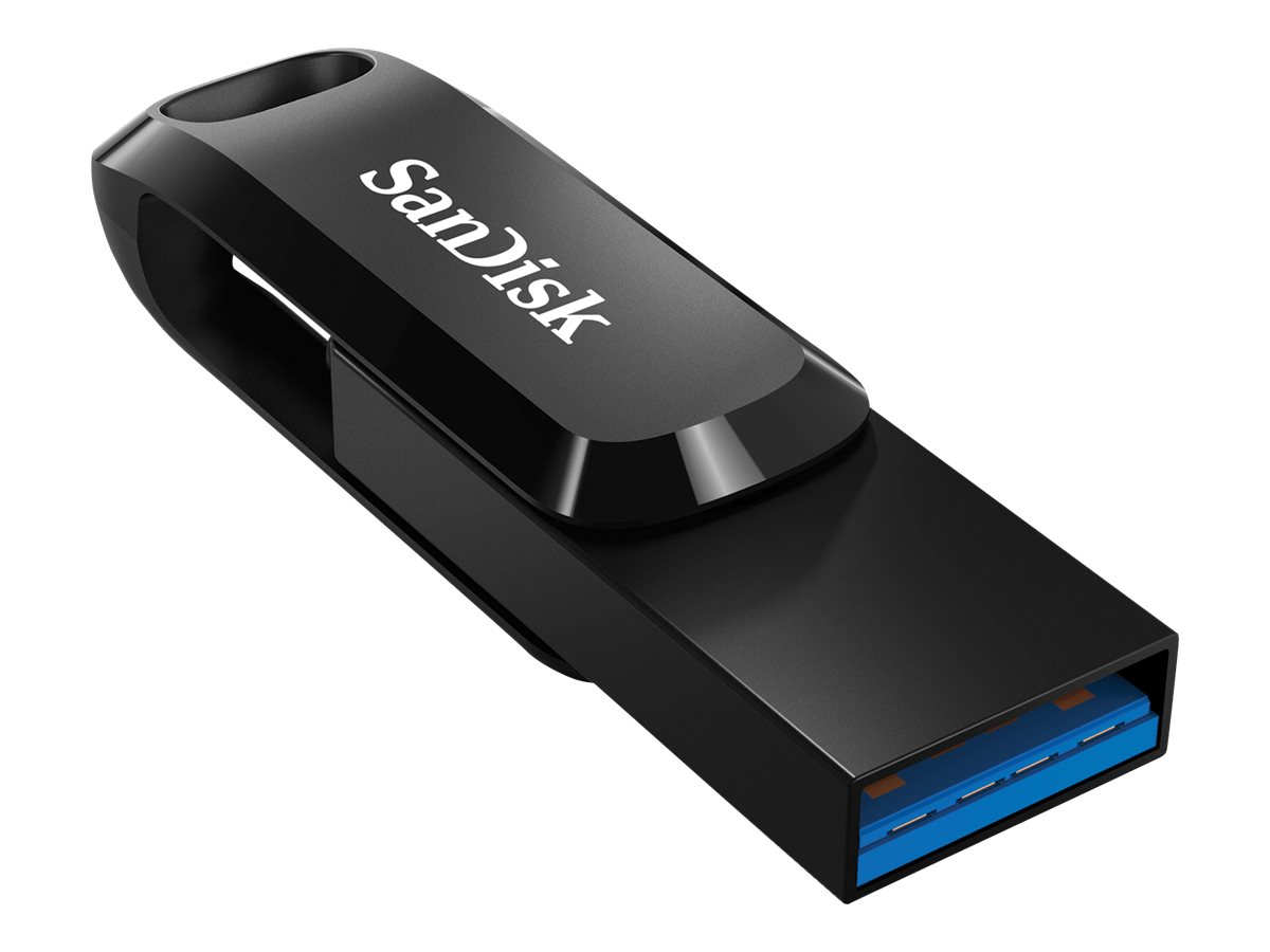 Schwarzer SanDisk USB-Stick mit blauem USB-Anschluss. Der USB-Stick ist auf weißem Hintergrund schräg nach rechts.