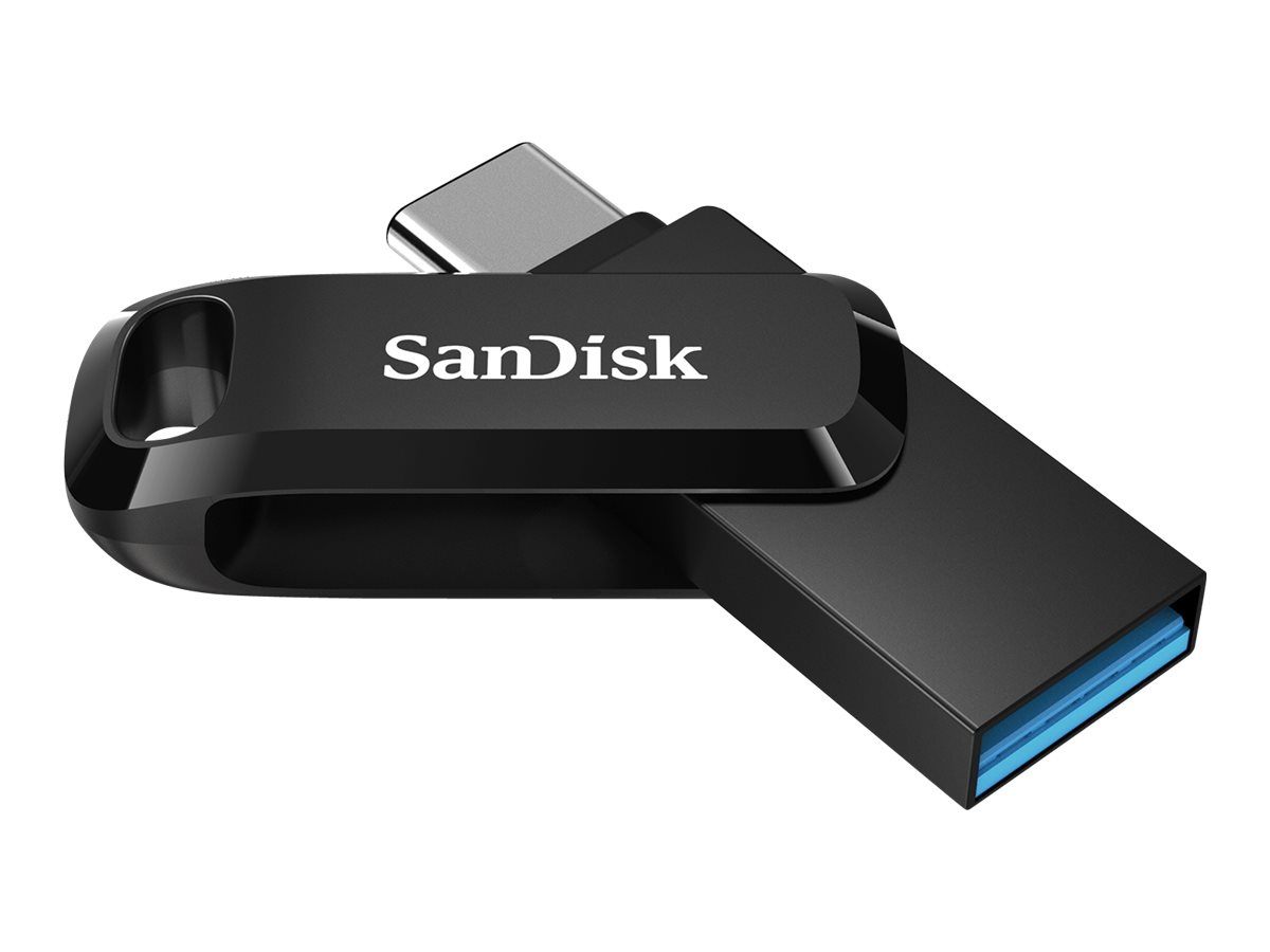 Schwarzer und silberner SanDisk USB-Stick mit USB-C-Anschluss.