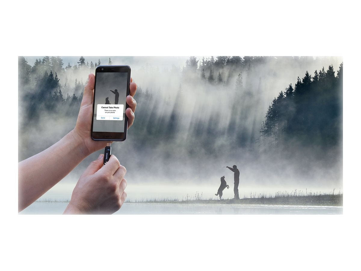 Eine Person hält ein Telefon, das an ein Kabel angeschlossen ist. Ein Hund spielt im Hintergrund in einem nebligen Wald.