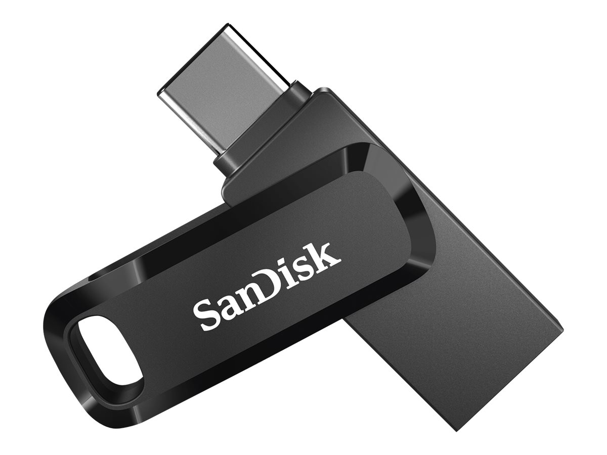 Schwarzer und grauer Sandisk USB-Stick, abgewinkelt. Der Markenname ist sichtbar.