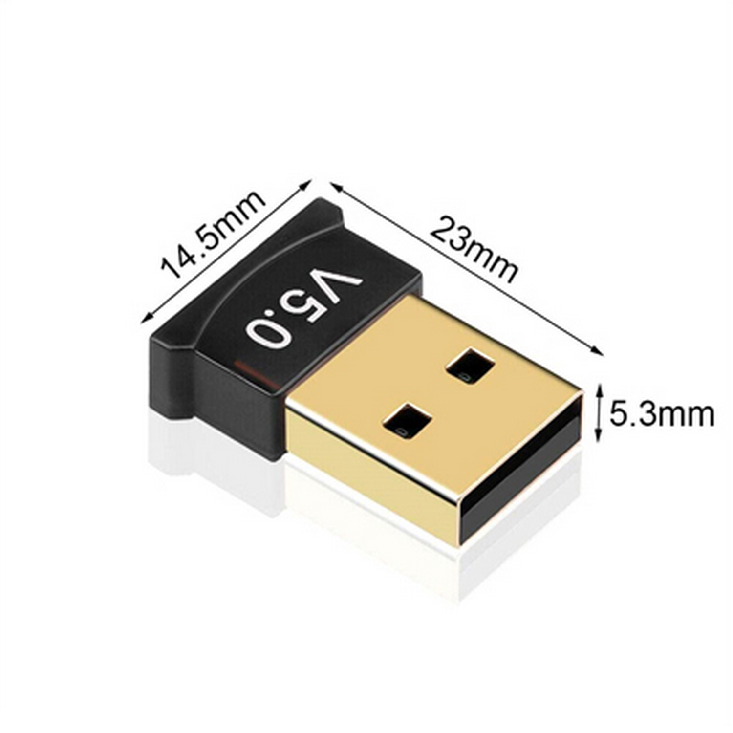 Adaptador USB V5.0 negro con medidas de dimensiones.