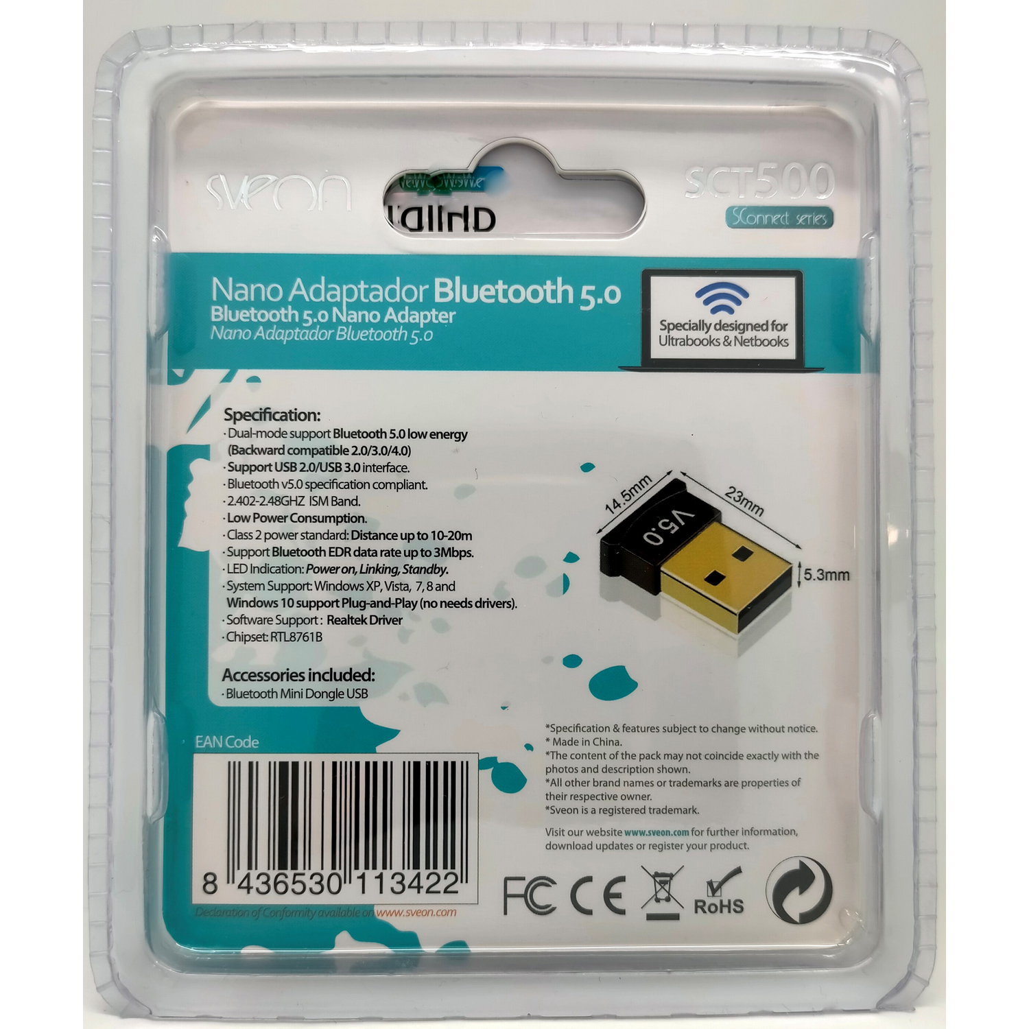 Embalaje de un adaptador Nano Bluetooth 5.0 con especificaciones y un dongle USB.
