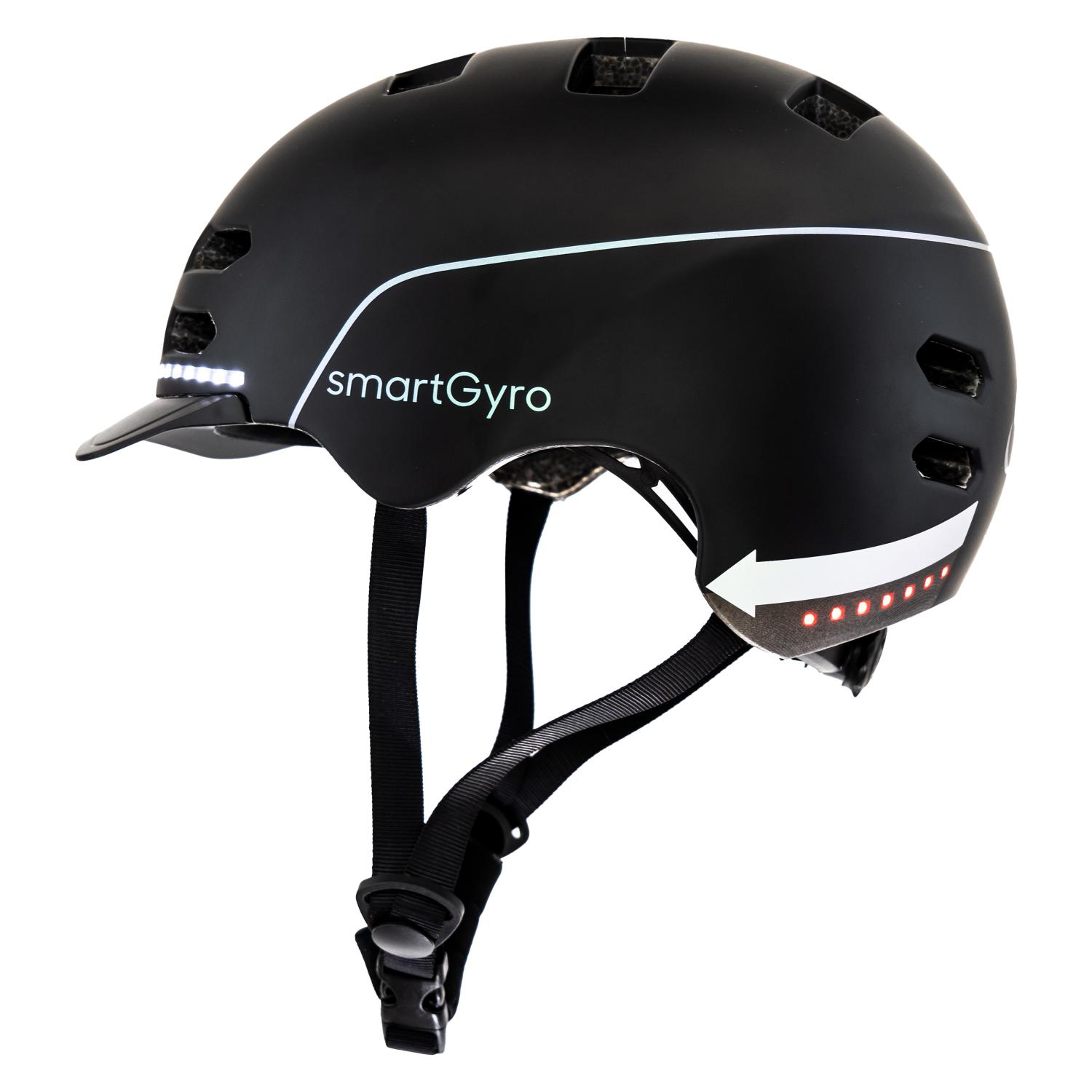 Casco de bicicleta negro con flecha blanca y luces. La marca SmartGyro es visible.