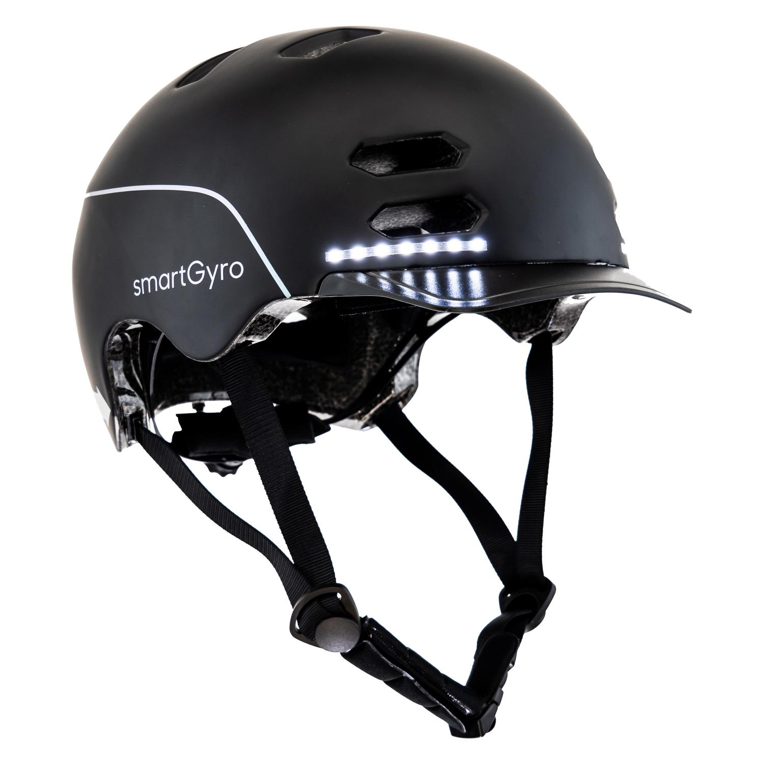 Casco negro con rayas blancas y luces. La marca SmartGyro es visible. Fondo blanco.