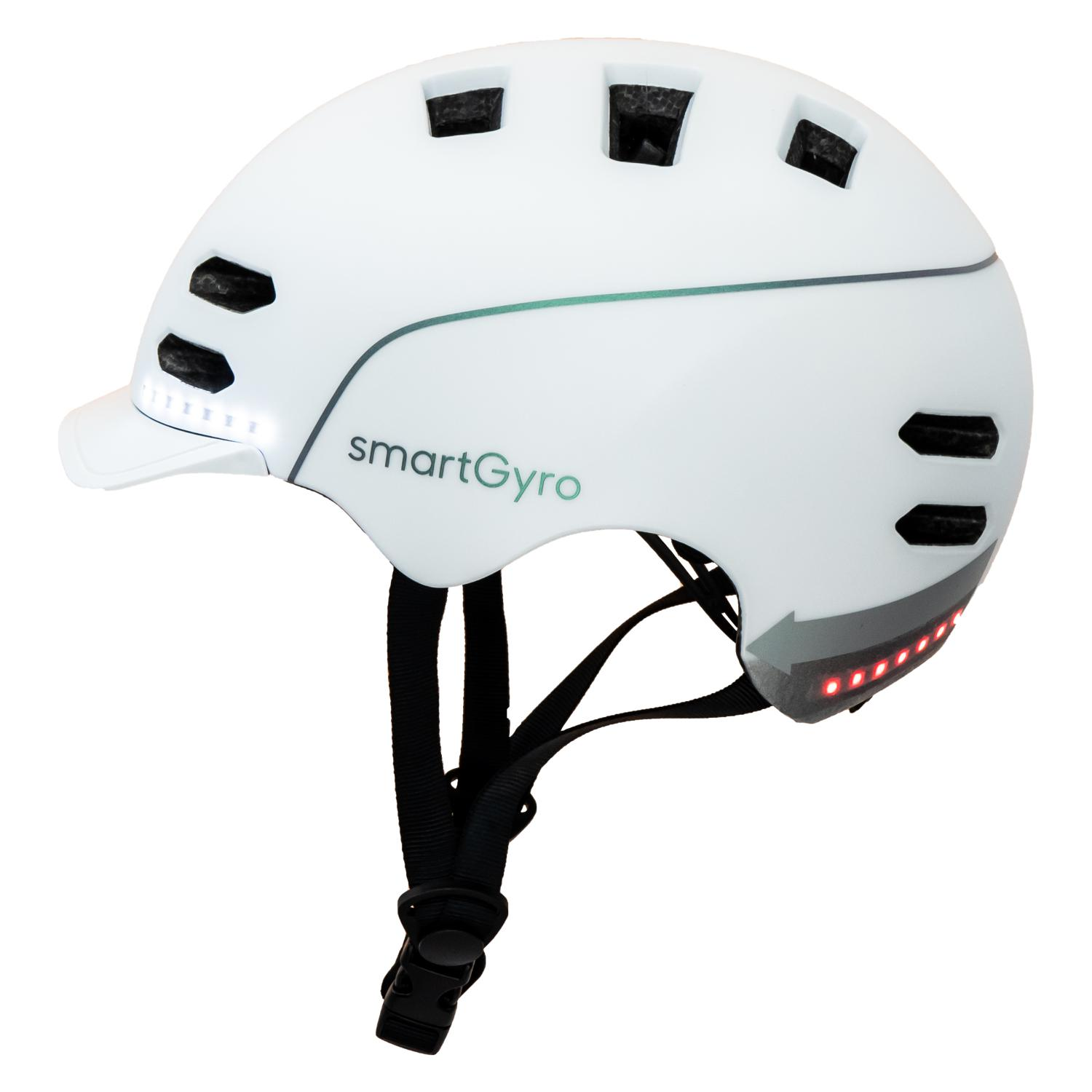 Casco de bicicleta blanco con luces y el texto 'smartGyro'.