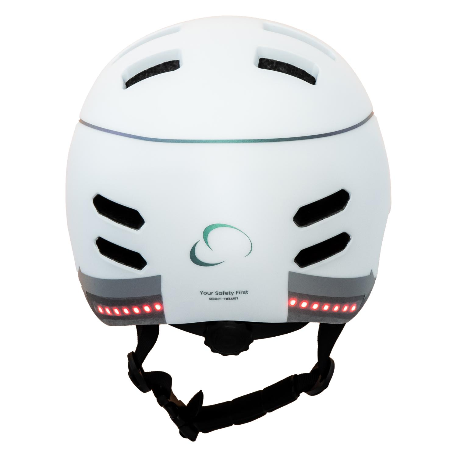 Casco de bicicleta blanco con luces traseras y texto 'Your Safety First Smart-Helmet'.