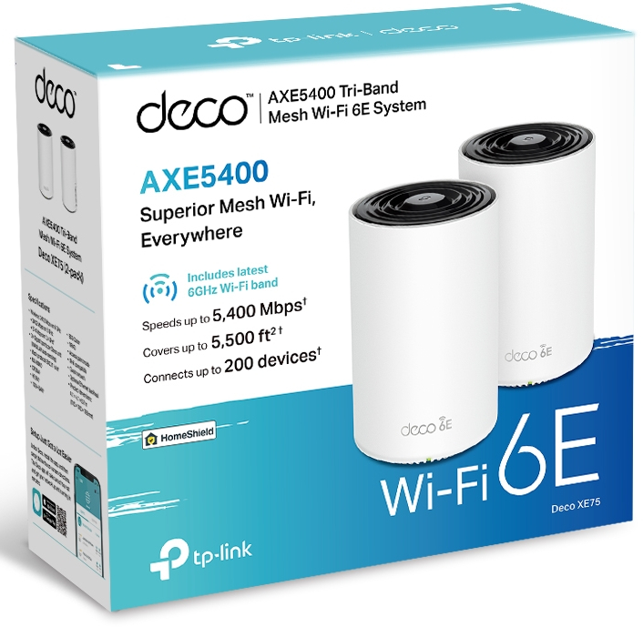 Boîte d'un système Mesh Wi-Fi 6E Deco de TP-Link. Affiche deux unités cylindriques blanches et des infos.
