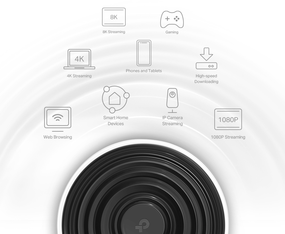 Appareil blanc avec icônes pour 8K, streaming 4K, jeux et appareils domestiques intelligents.