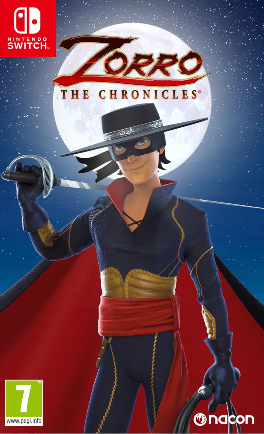 Zorro videogame cover. Zorro in kostuum met zwaard en zweep.