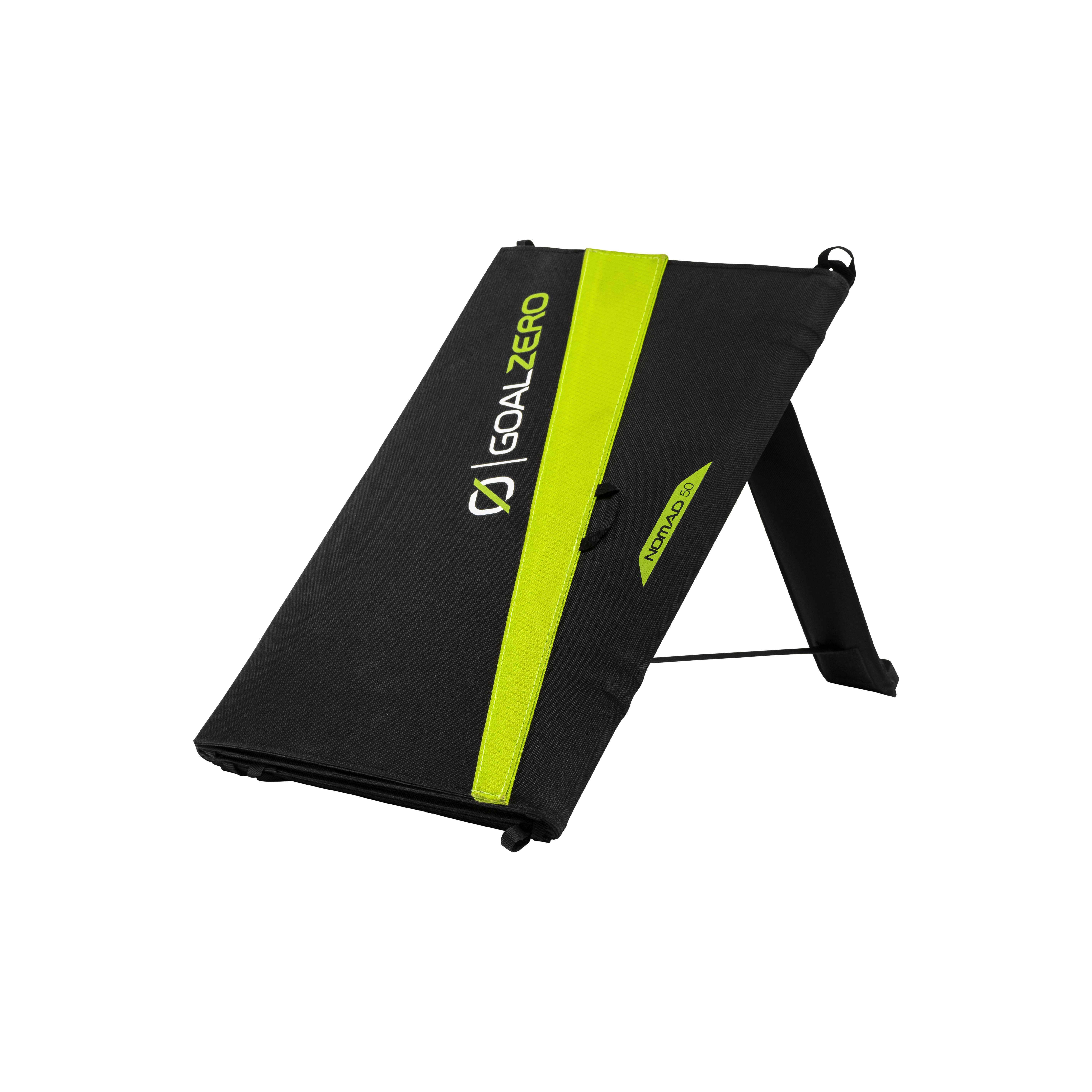Schwarzes und grünes Goal Zero Solarpanel. Faltbar, mit Ständer.