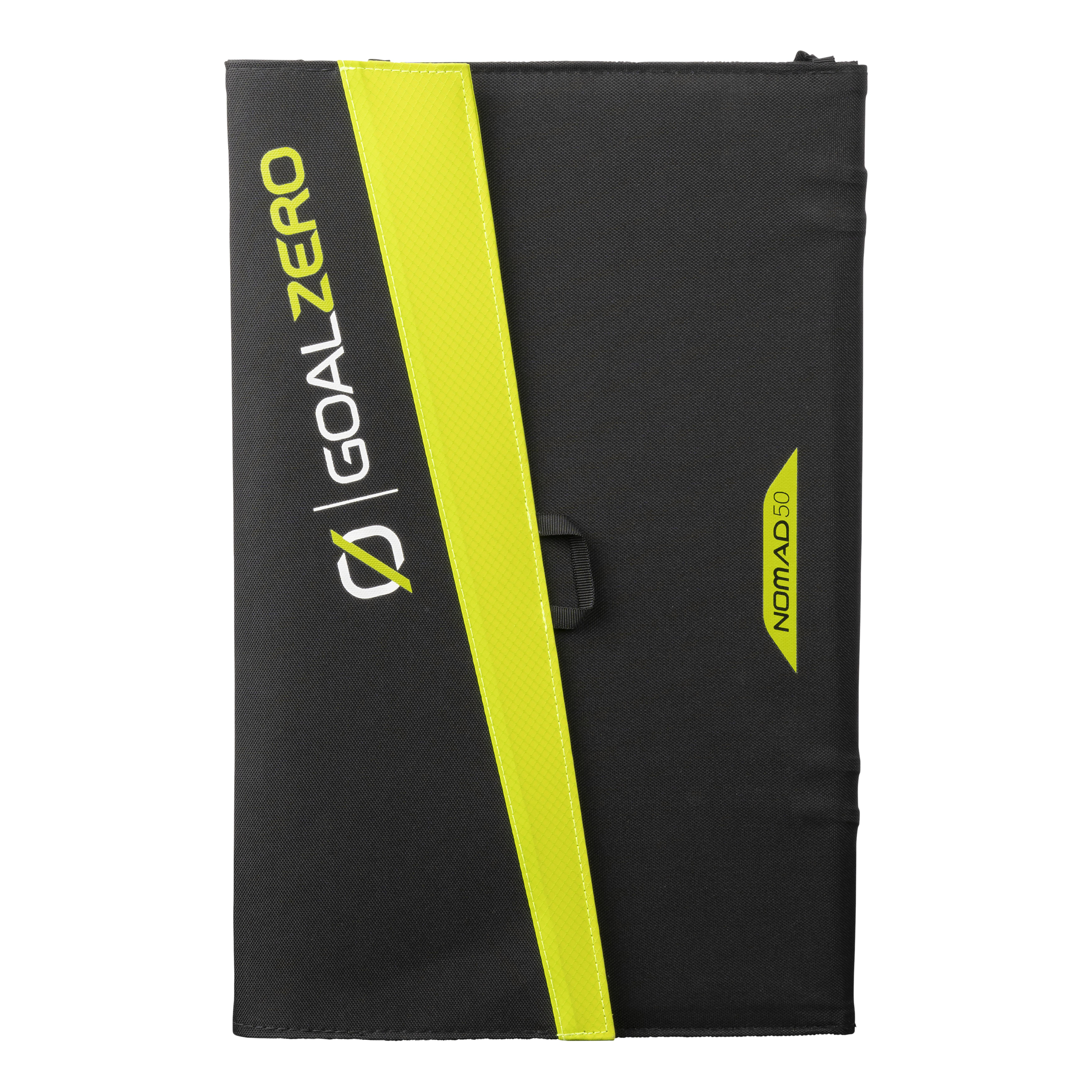 Ein schwarzes und gelbes Goal Zero Nomad 50 Solarmodul, zusammengeklappt und einsatzbereit.
