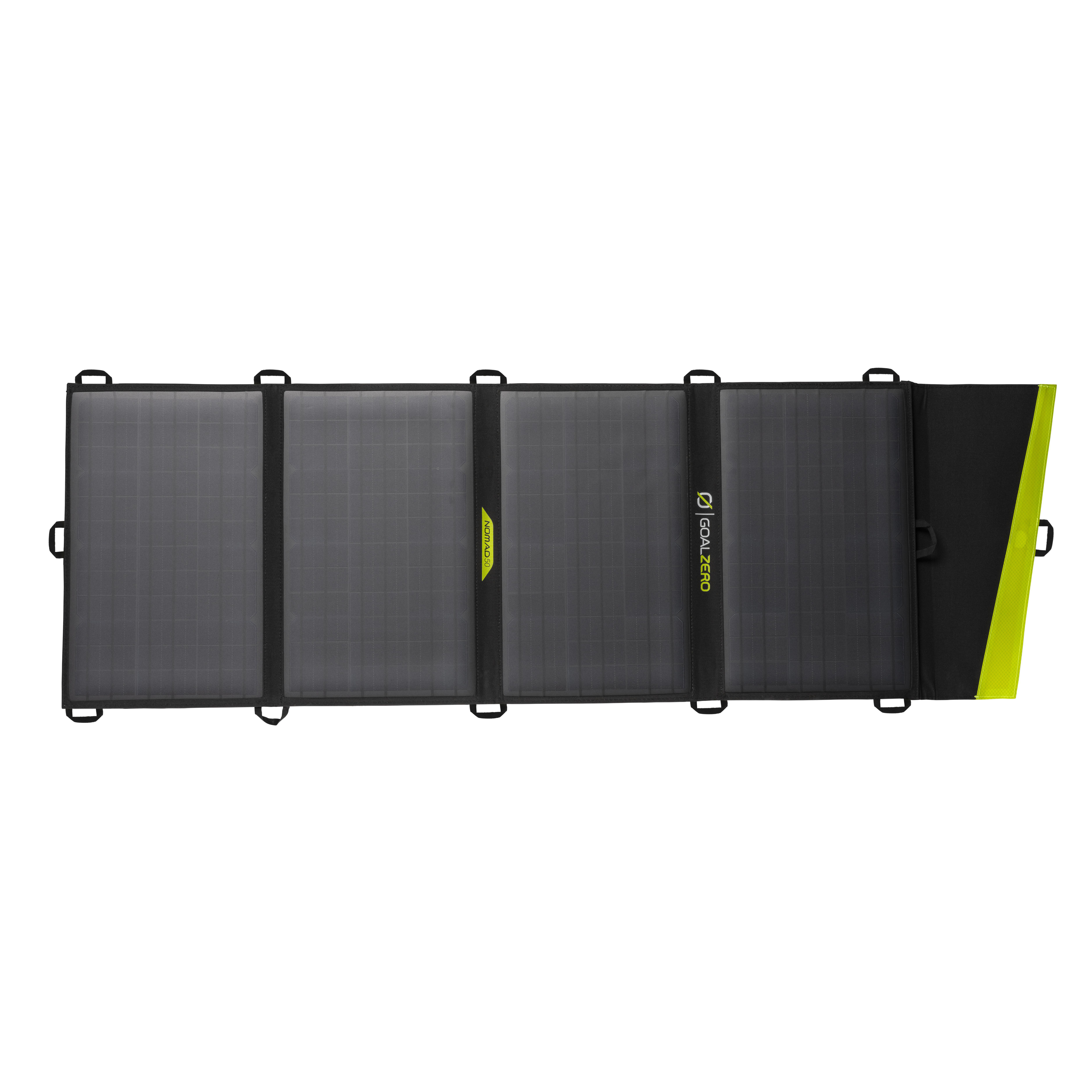 Gefaltetes Solarpanel, schwarz und grau mit gelbem Akzent.