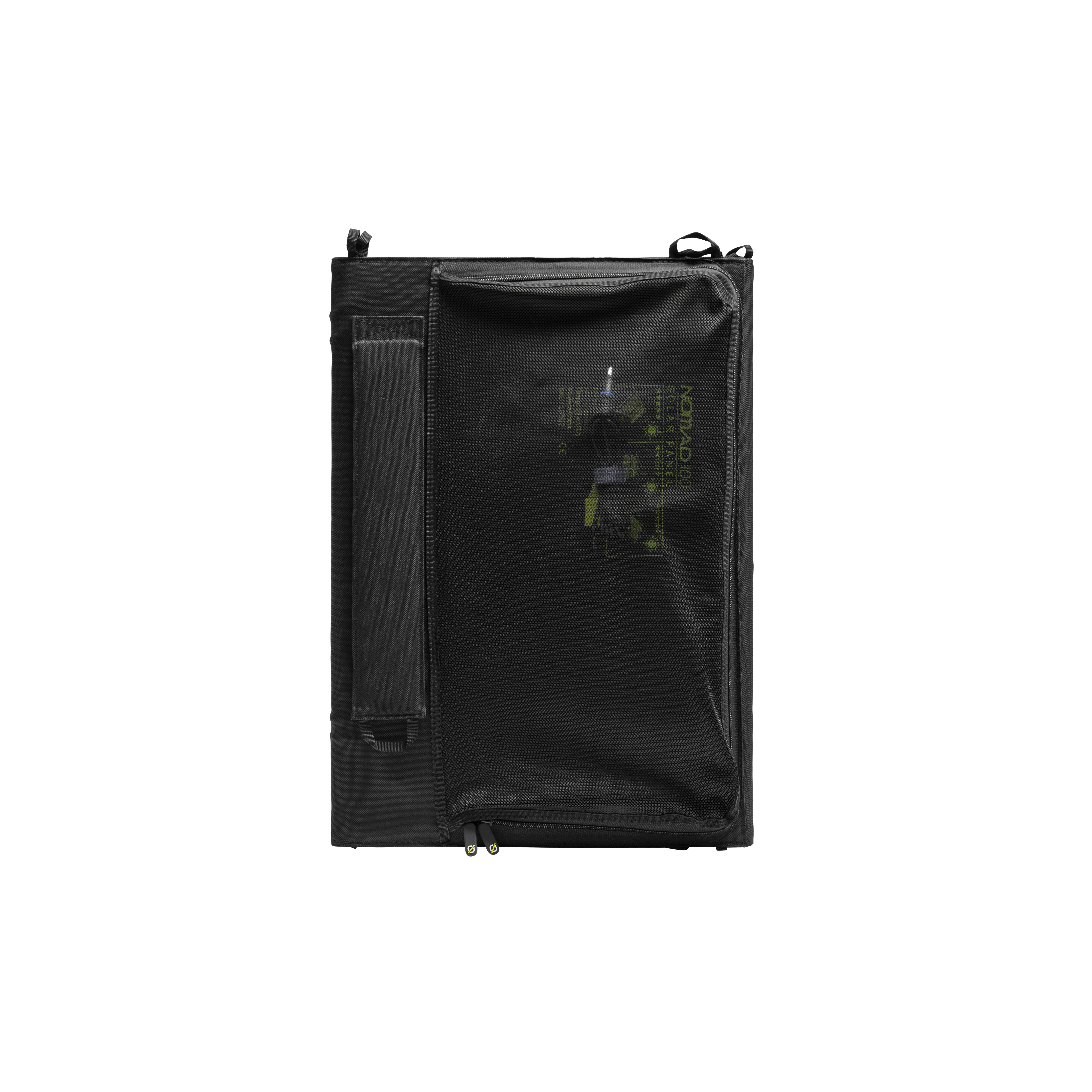 Schwarzes Solarpanel mit Tasche, weißer Hintergrund.