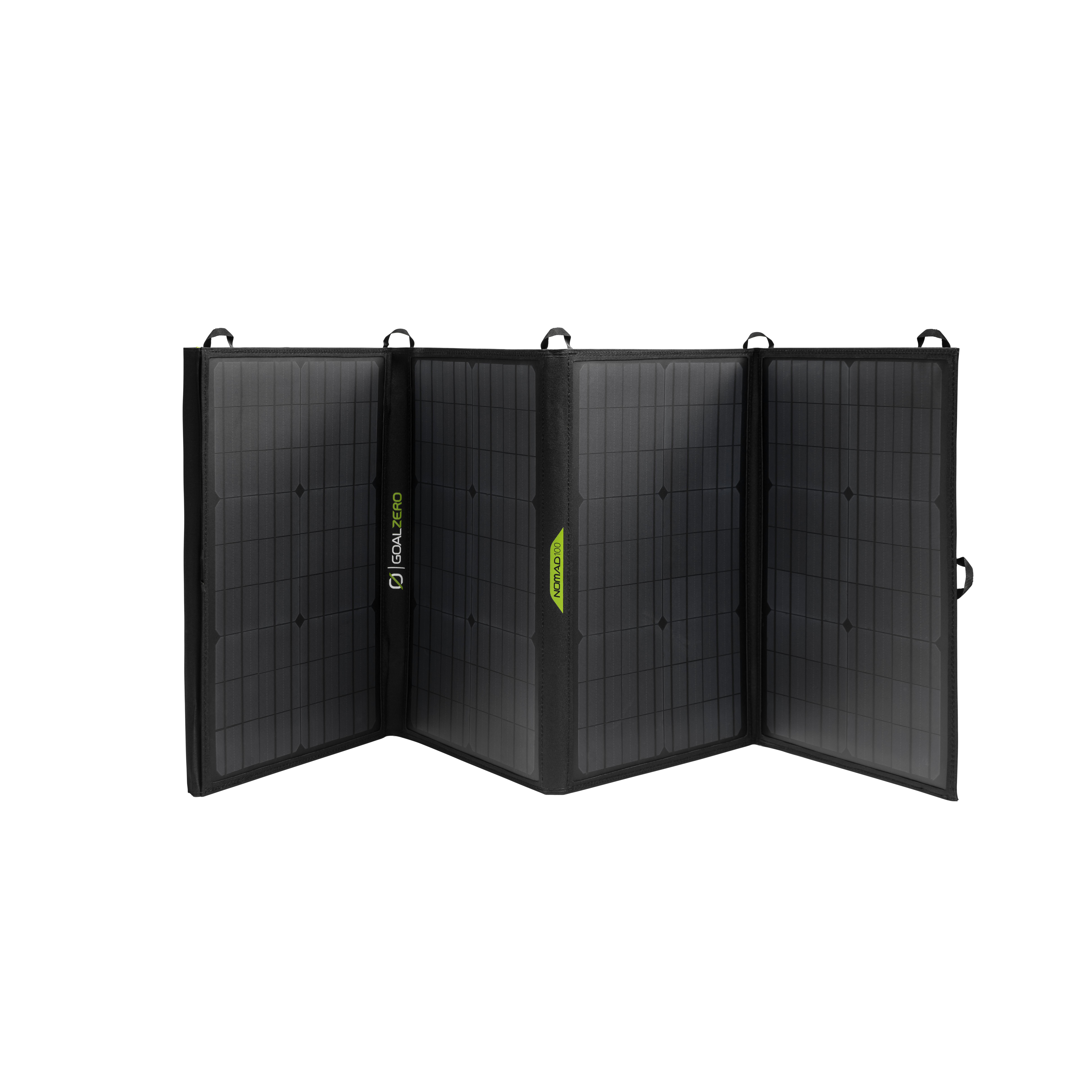 Ein faltbares Solarpanel, schwarz, mit Goal Zero-Logo. Es ist ausgeklappt und einsatzbereit auf weißem Grund.