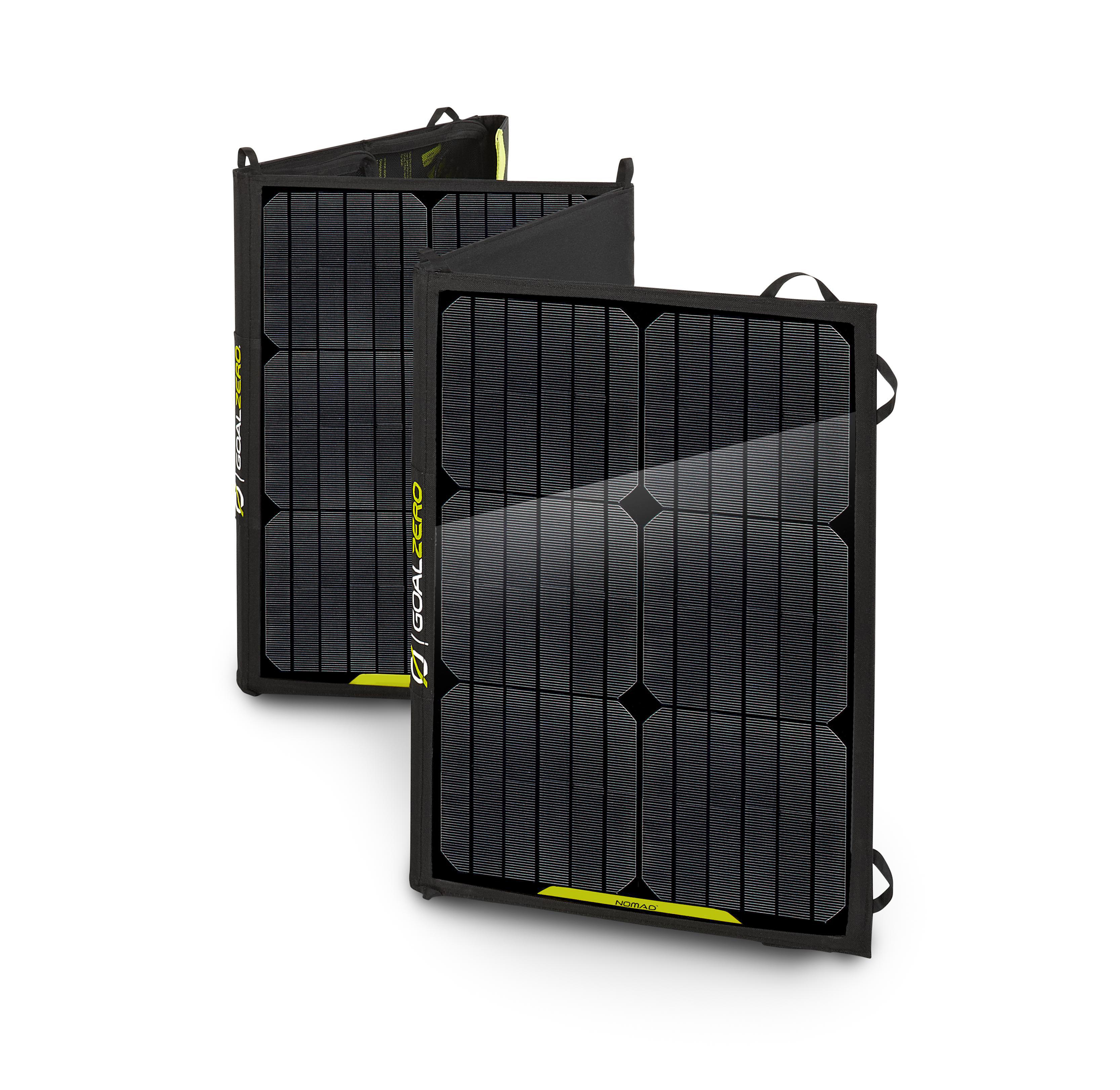 Zwei gefaltete Solarpanels, schwarzer Rahmen mit gelben Akzenten, weißer Hintergrund.