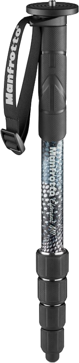 Zwarte en zilveren Manfrotto monopod met een handriem.
