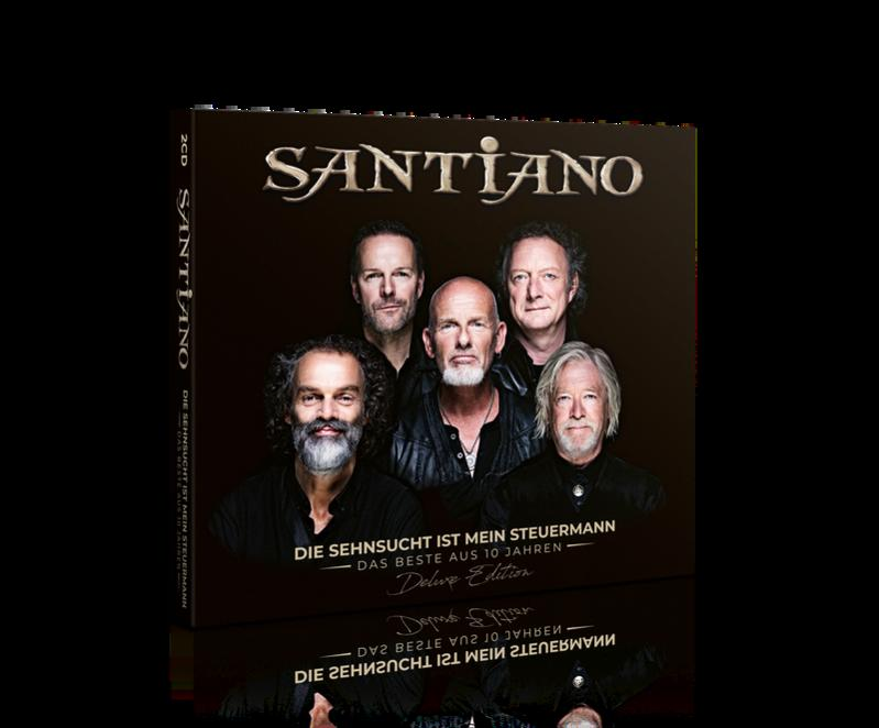 CD-Cover mit fünf Männern, Band Santiano, Text 'Die Sehnsucht ist mein Steuermann'.