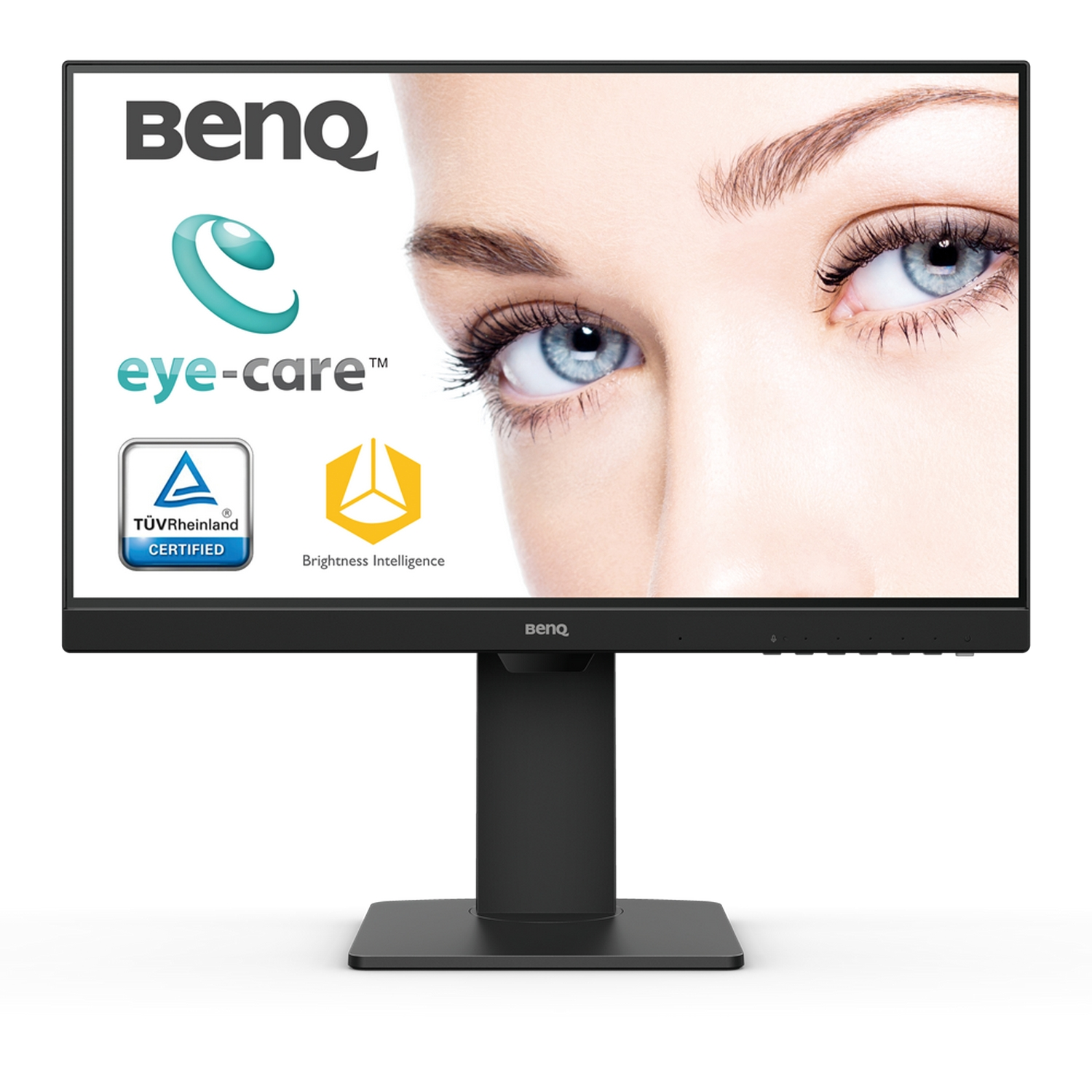 Monitor negro BenQ con ojos de mujer. Logos: 'eye-care' y 'Brightness Intelligence'.