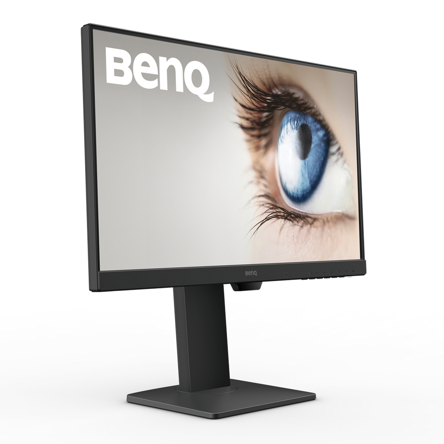 Un monitor BenQ negro con el logotipo de BenQ en la parte superior izquierda y una imagen de ojo en la pantalla.