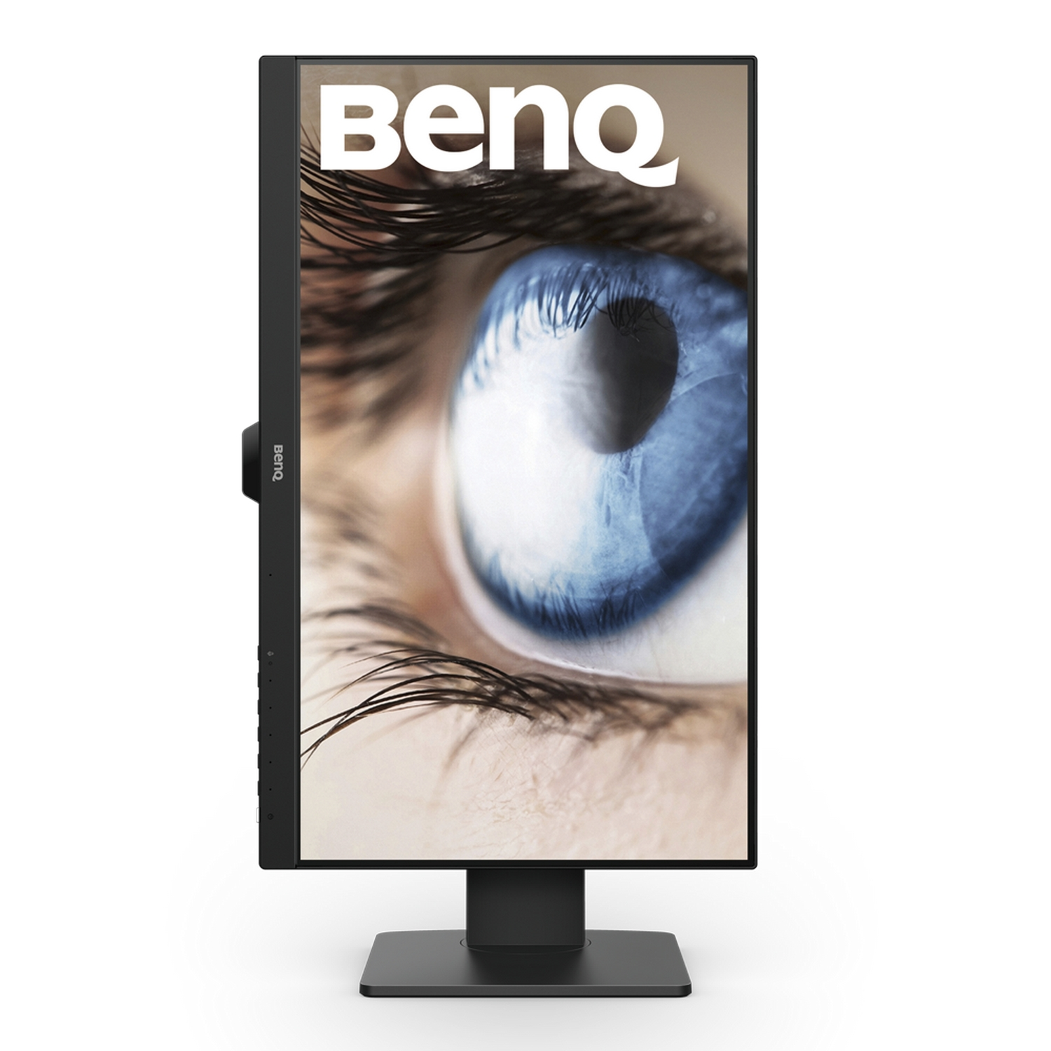 Un monitor BenQ con un primer plano de un ojo azul en la pantalla.