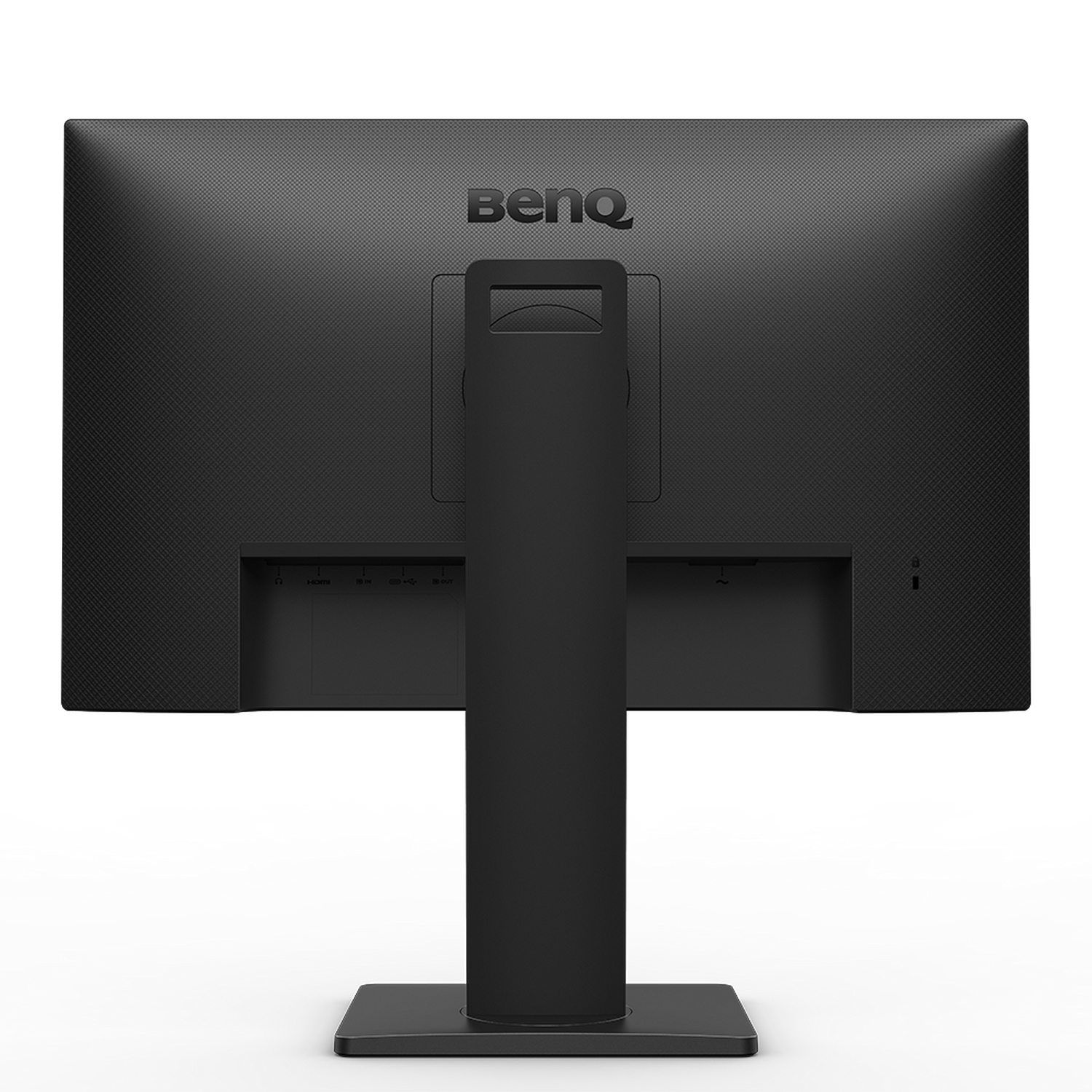 Parte trasera de un monitor de computadora negro con soporte, mostrando puertos y el logo BenQ.