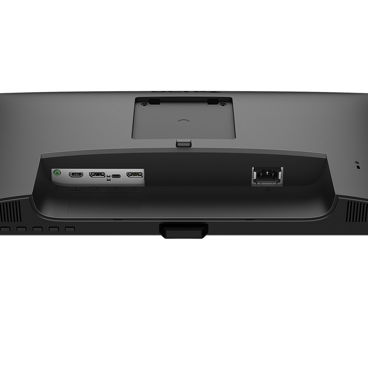 Parte trasera de un monitor negro que muestra múltiples puertos de entrada y un conector de alimentación.