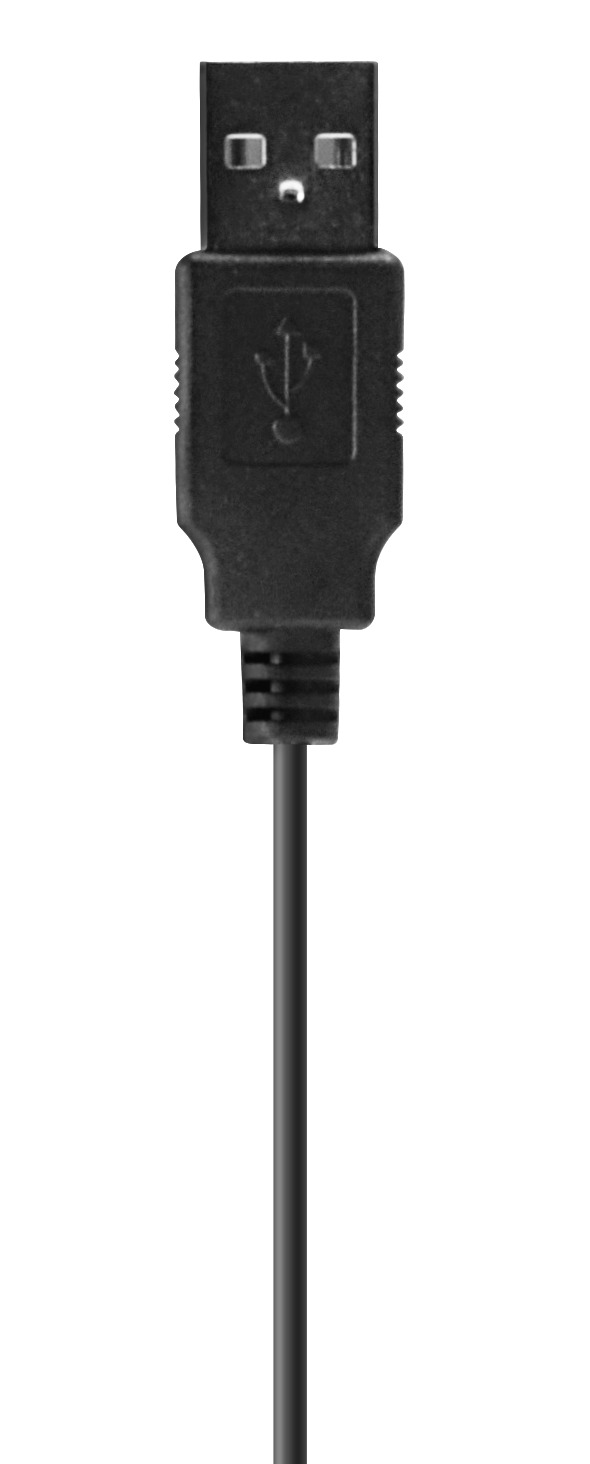 Ein schwarzes USB-Anschlusskabel vor weißem Hintergrund.