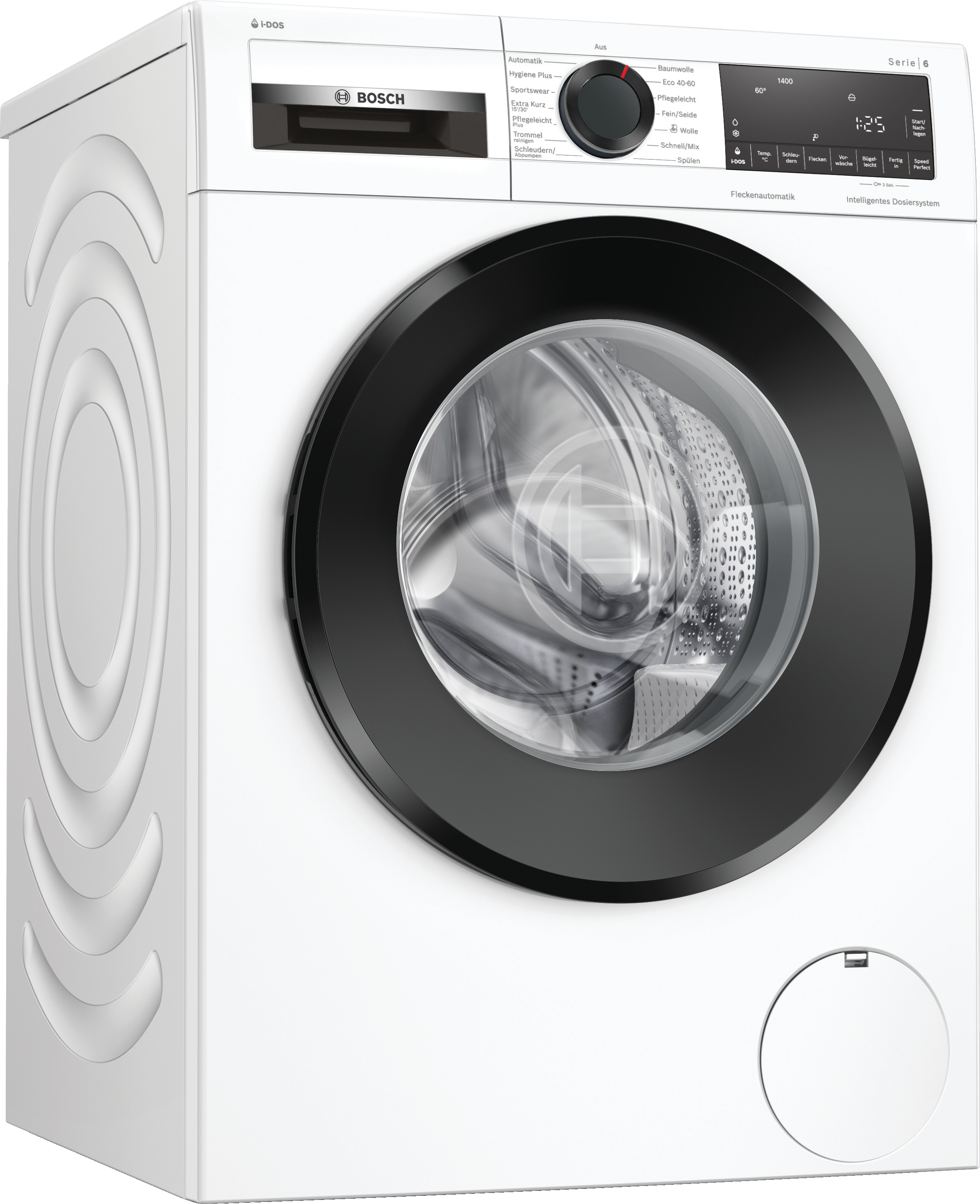 Eine weiße Bosch-Waschmaschine mit schwarzer Tür. Sie hat ein Bedienfeld und ein digitales Display.