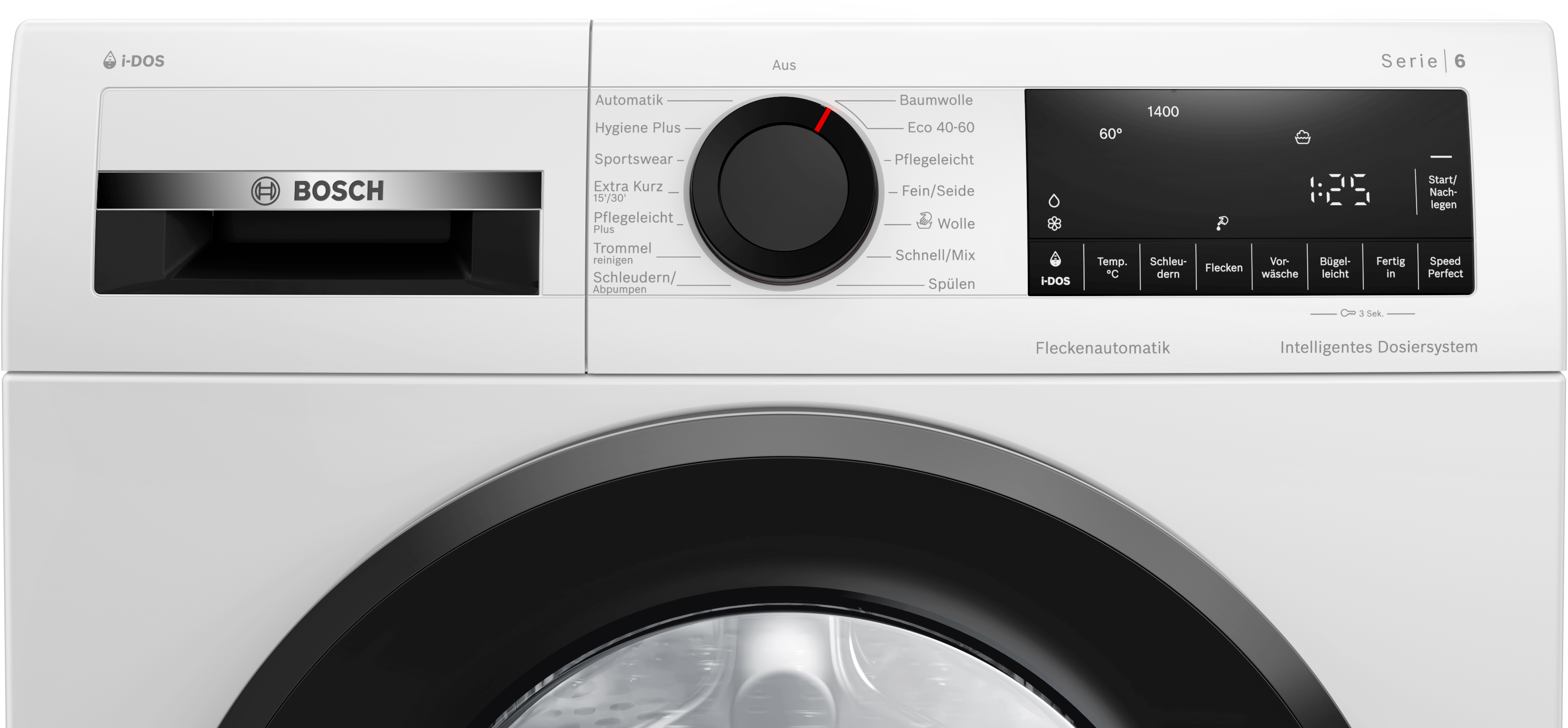 Ein weißes Bosch-Waschmaschinen-Bedienfeld mit schwarzem Drehknopf, Digitalanzeige und verschiedenen Programmen.