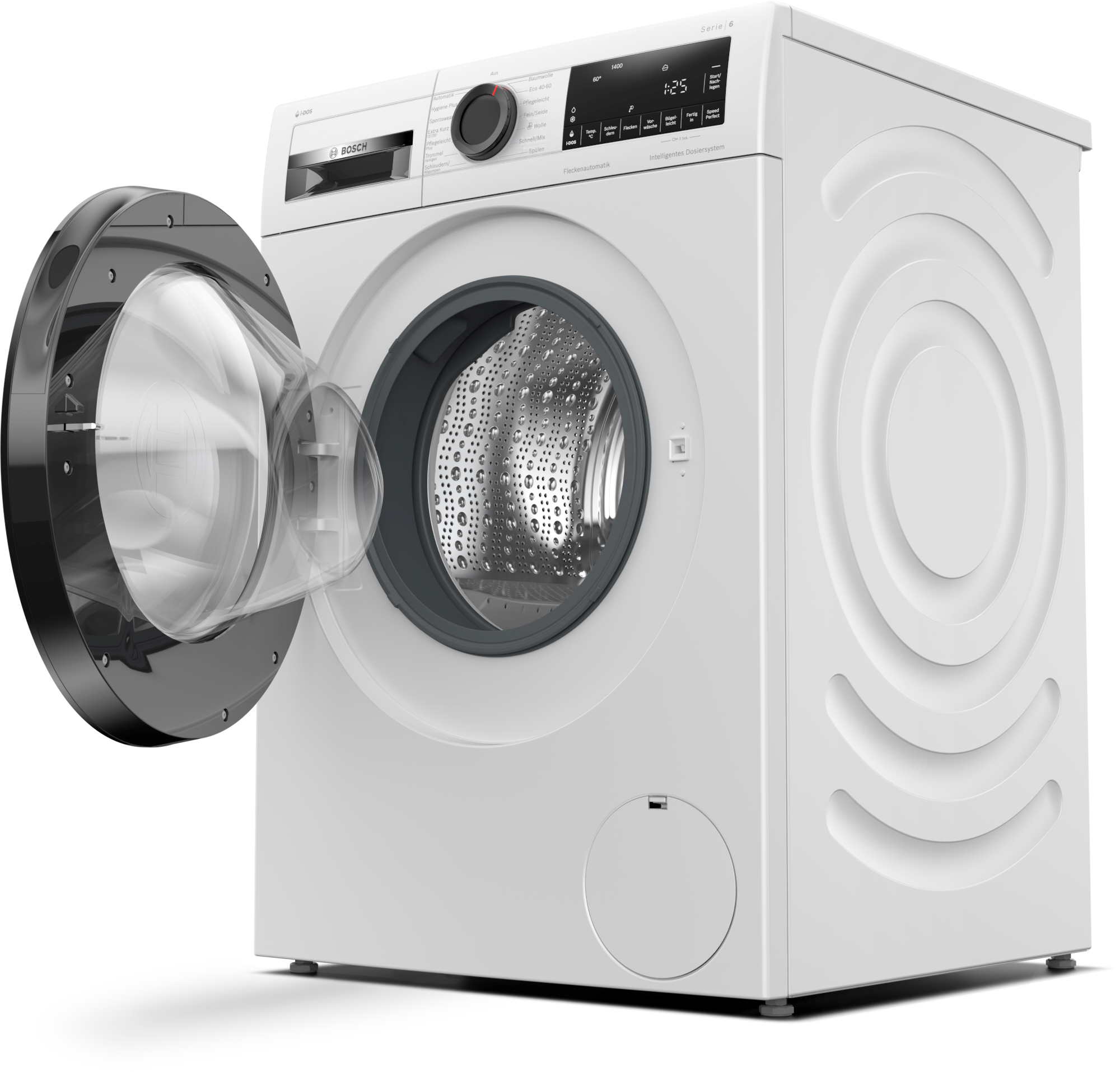 Eine weiße Bosch-Waschmaschine mit einer geöffneten schwarzen Tür. Die Maschine hat ein digitales Display und Tasten.