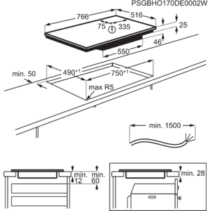 Technische tekening van een zwarte inductiekookplaat, met afmetingen en details.