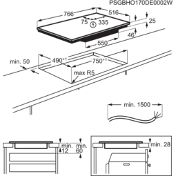 Technische tekening van een inductiekookplaat met afmetingen en uitsparingen.