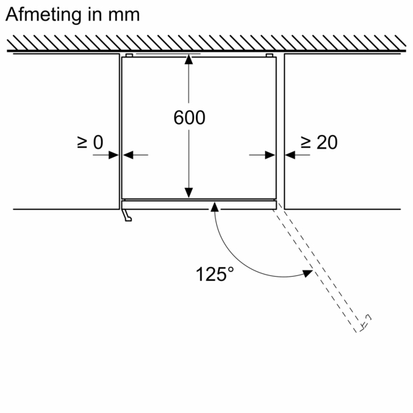 Technische tekening. Een rechthoekige opening in een muur met afmetingen in mm en een hoek.