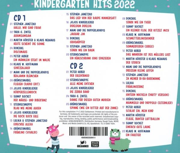 CD-Cover "Kindergarten Hits 2022" mit Zeichentrickfiguren, Titelliste und Logo.