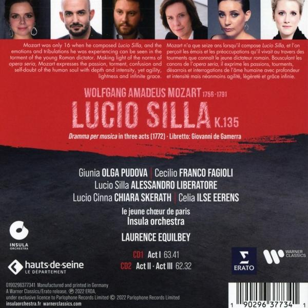 Cover von Wolfgang Amadeus Mozarts Oper 'Lucio Silla', mit Porträts und Text in mehreren Sprachen.