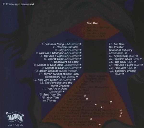 CD-Booklet mit Text. Der Text enthält Songtitel und Informationen. Der Hintergrund ist blau.