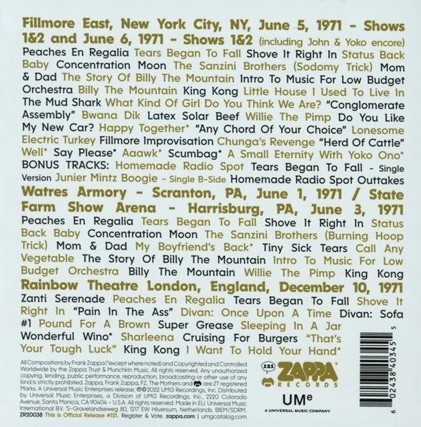 Albumcover mit Text von Frank Zappa und einer Liste von Songs.
