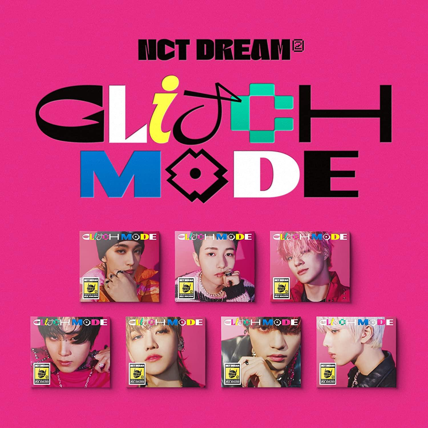 NCT Dream album borító szöveggel és a tagok képeivel. Rózsaszín háttér.