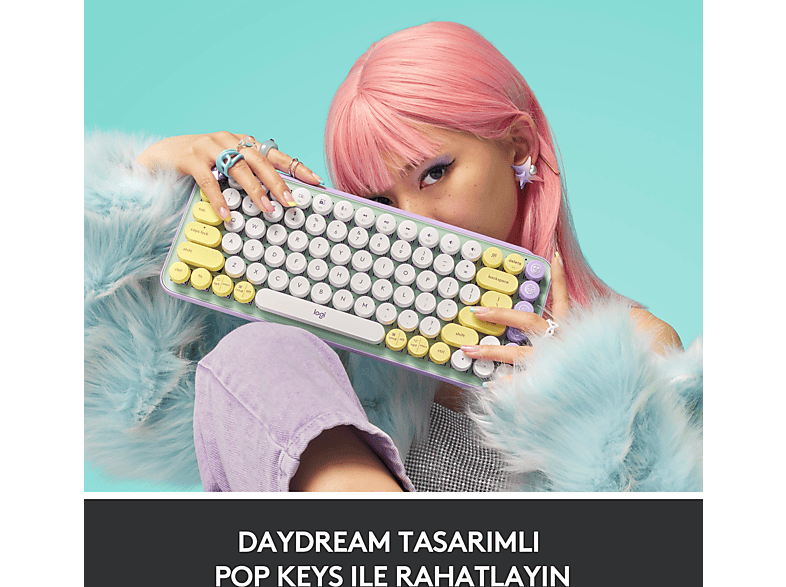 LOGITECH POP Keys Daydream Özelleştirilebilir Emoji Tuşlu Mekanik Kablosuz Klavye - Mint&Lila_1