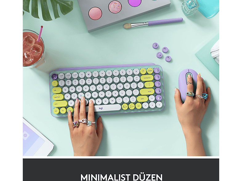 LOGITECH POP Keys Daydream Özelleştirilebilir Emoji Tuşlu Mekanik Kablosuz Klavye - Mint&Lila_4