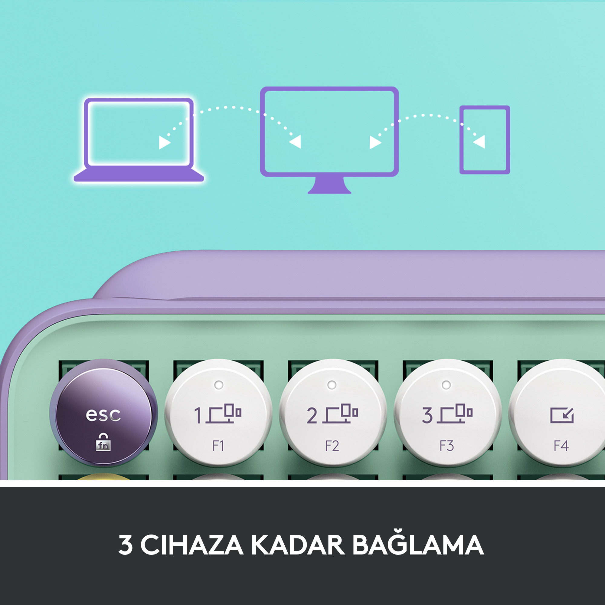 Dizüstü bilgisayar, monitör ve telefon simgeleri olan klavye. Metin: 3 cihaz.