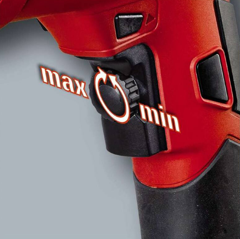 Egy piros hőlégfúvó közeli képe max és min tárcsával.