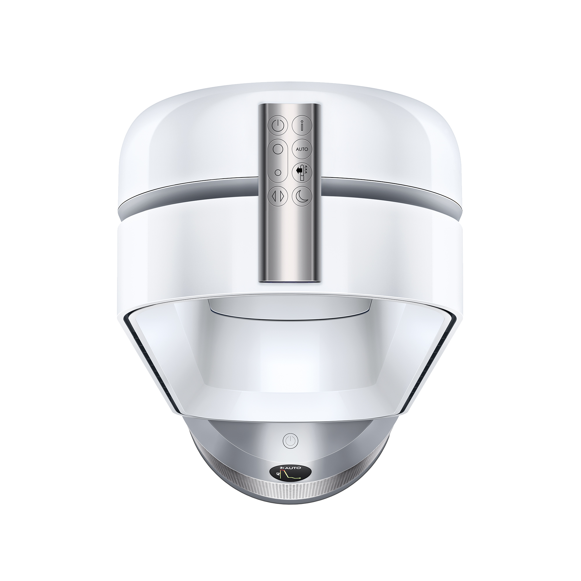 Een witte ventilator met een zilveren bedieningspaneel en een zwarte bovenkant, met witte accenten.