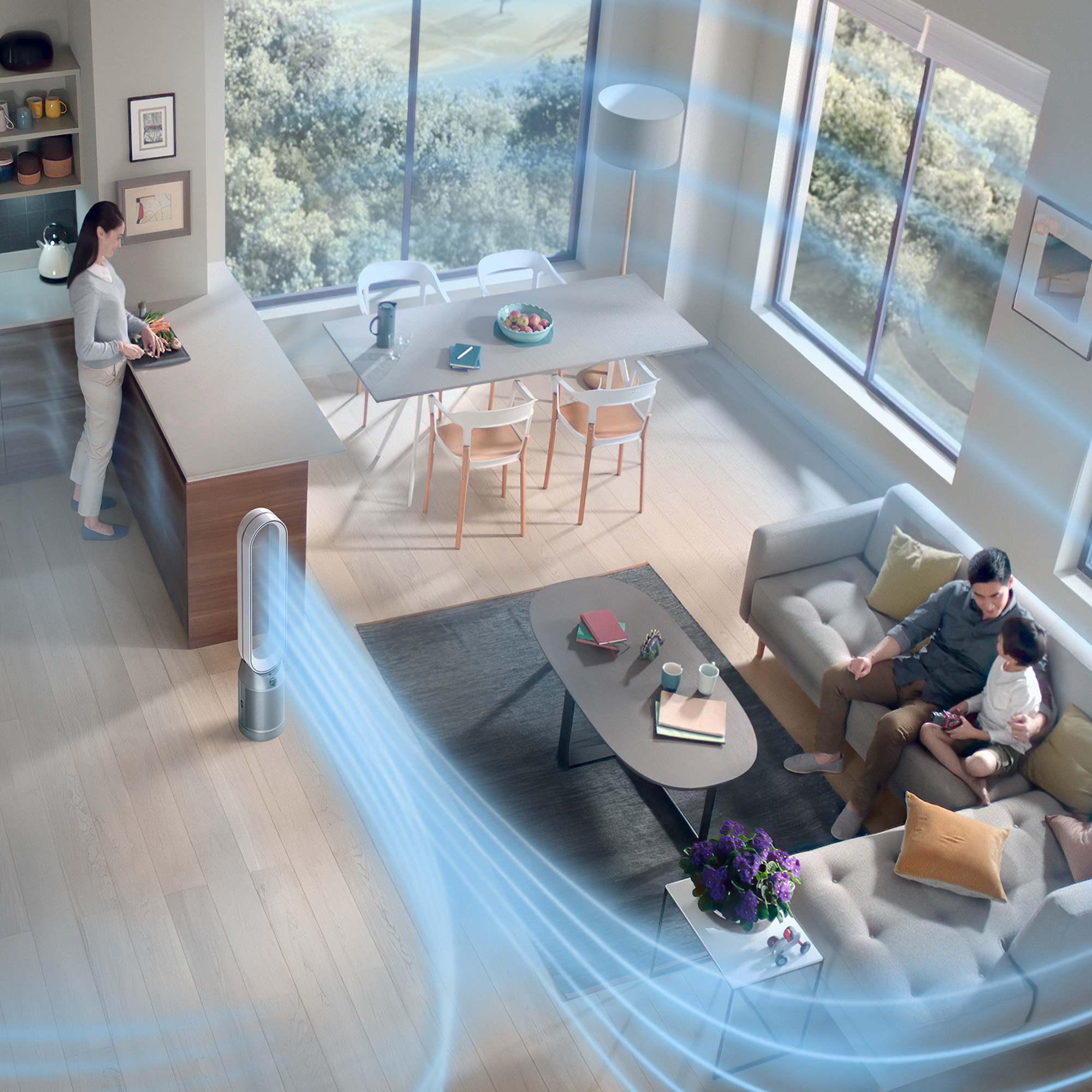 Interieur met een woonkamer, een keuken en een Dyson-ventilator die lucht blaast.